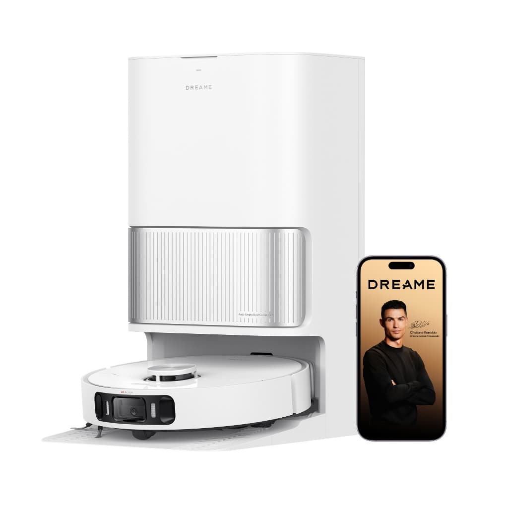 Robô aspirador e mopa DREAME L40 Ultra AE, branco, com base de recarga e área de armazenamento para mopa.