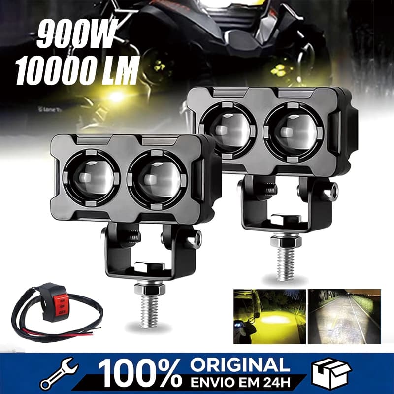 Faróis auxiliares de motocicleta 90W 10000LM, 100% originais, com lentes transparentes e refletores, preto e cinza.