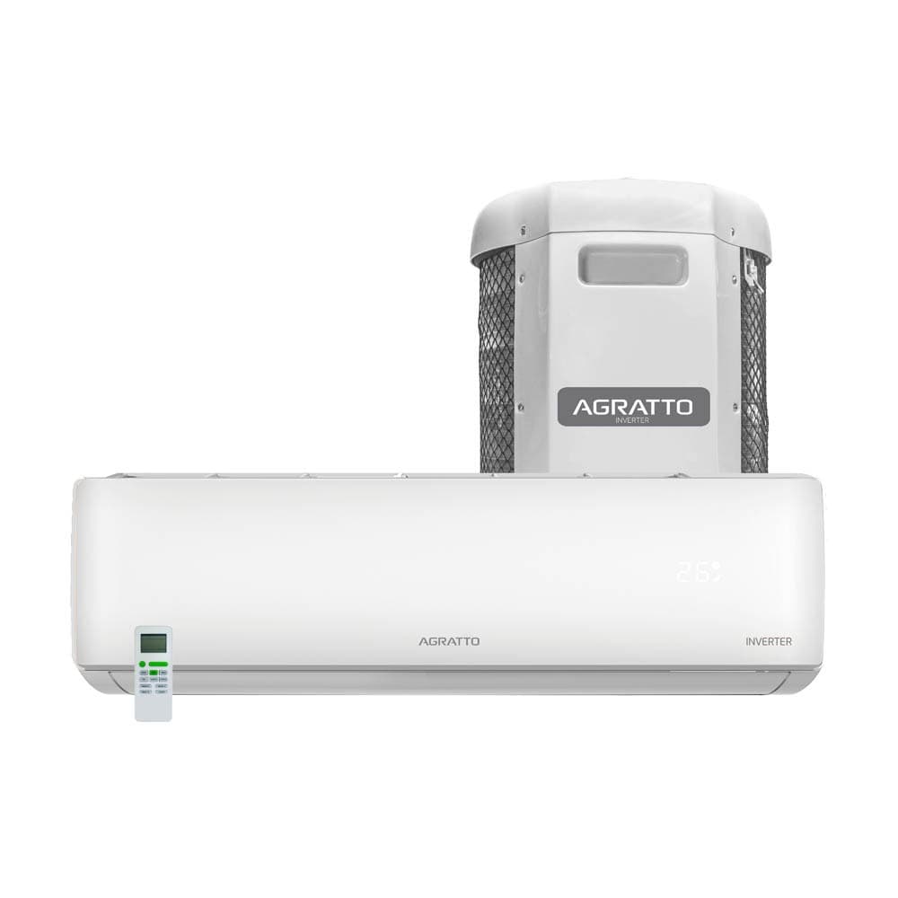 Ar condicionado split Agratto 9000 Btus Inverter, unidade externa cinza e interna branca, controle remoto branco, fundo branco.