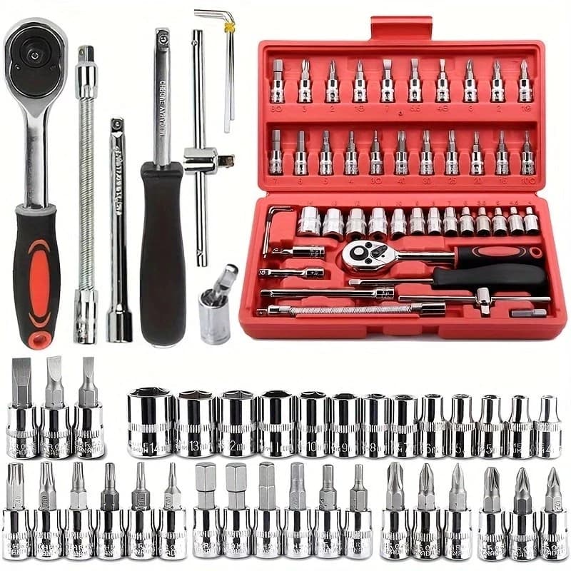 Kit de Ferramentas 46 Peças com Maleta Vermelha, Soquetes e Catracas