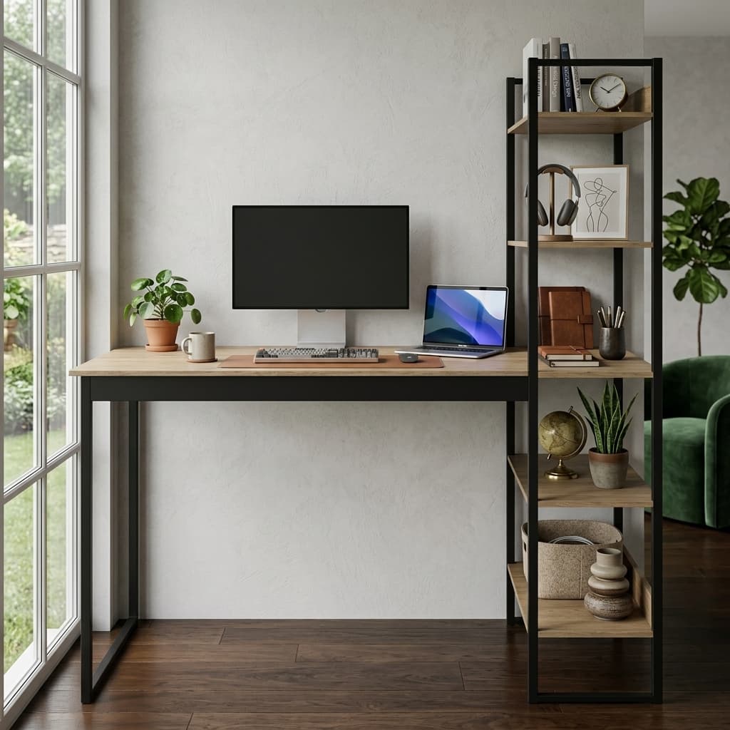 Escrivaninha para Computador com Estante Integrada Estilo Industrial  - Ideal para Home Office