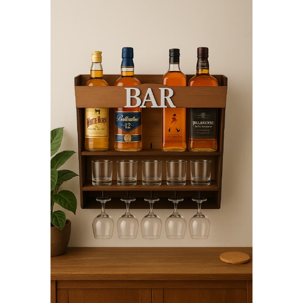 Bar Adega De Parede Rústico Madeira Porta Garrafas De Vinhos Whisky Gin Bebidas E Porta Taça Bar Decorativo
