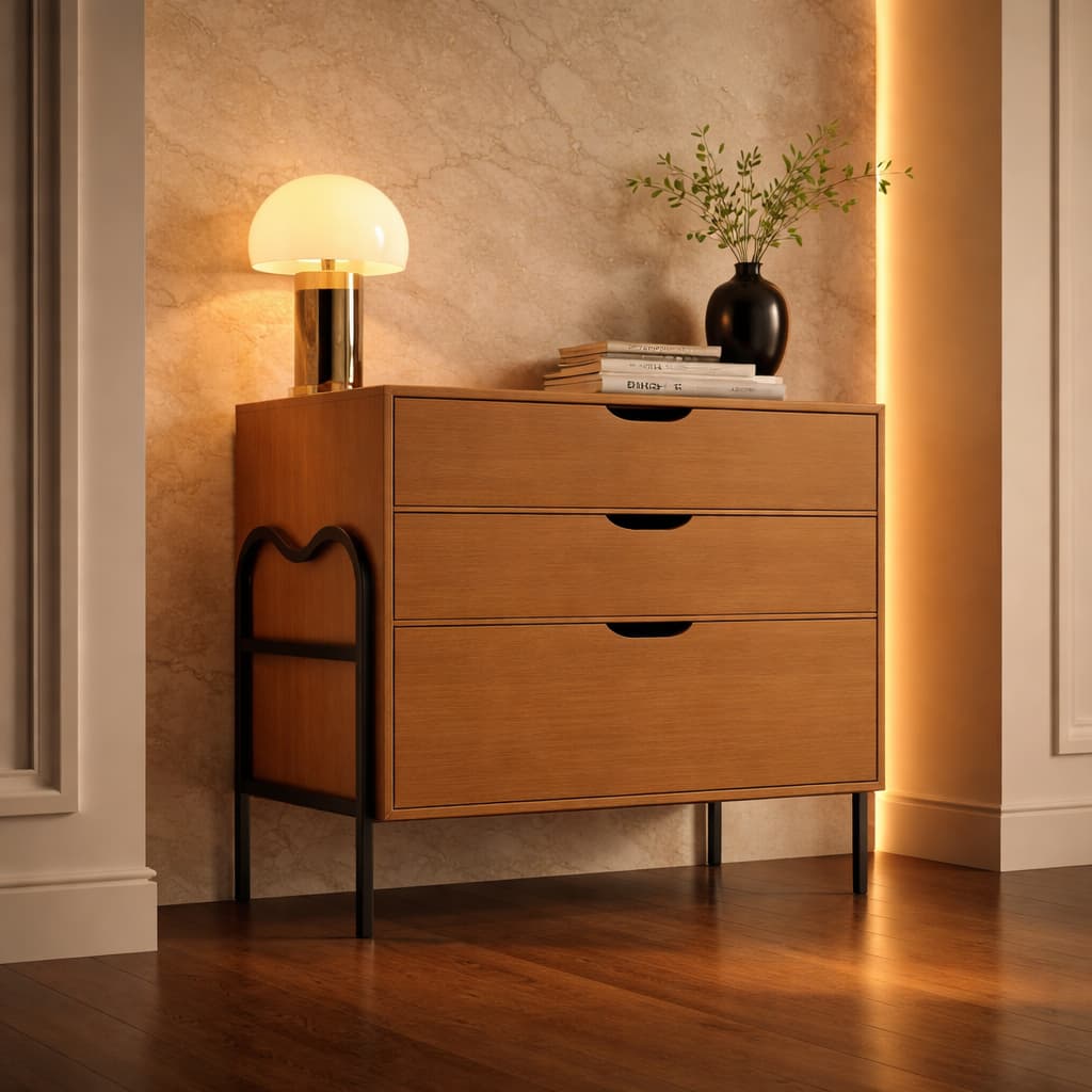Cômoda Gaveteiro 3 Portas Luxo Ferro e MDF Resistente Para Quarto Cômoda
