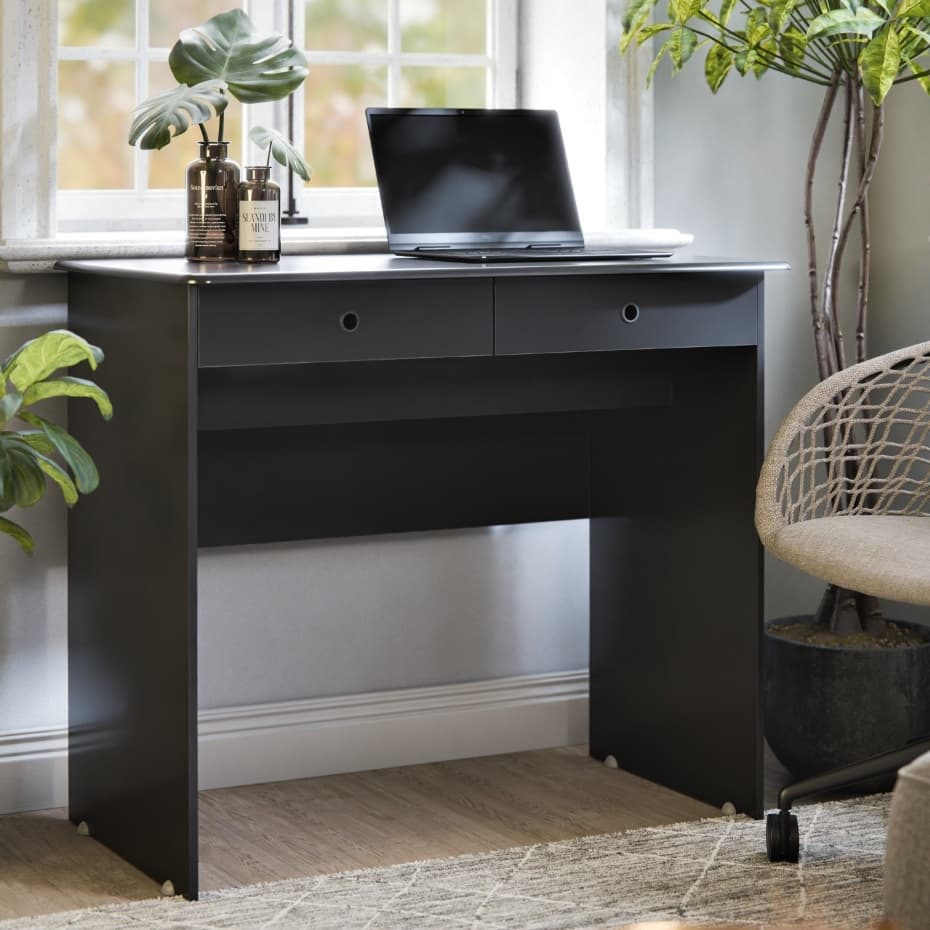 Escrivaninha 2 Gavetas Compacta Moderna Para Home Office Funcional Ideal Para Espaço Pequeno - Preto