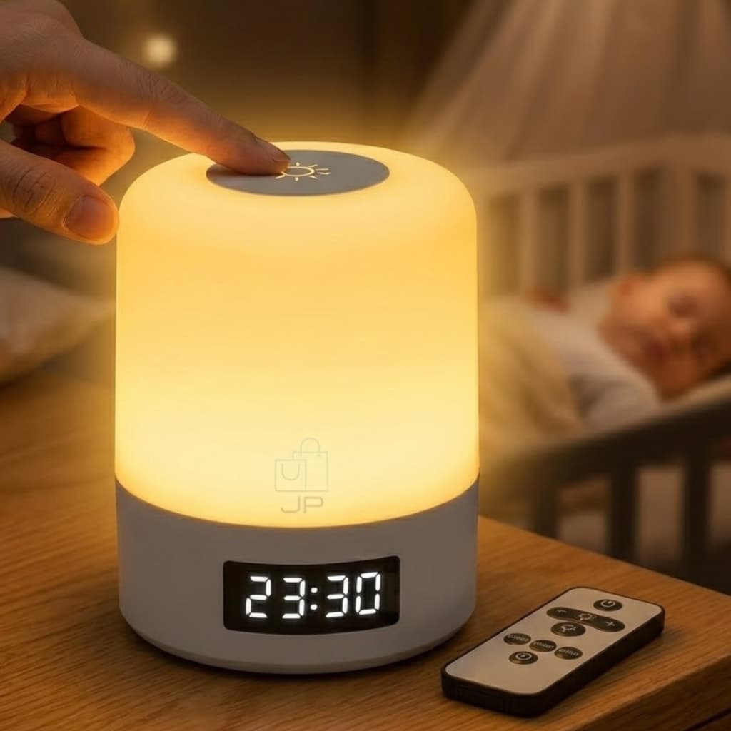 Luminária de Mesa LED Recarregável com Relógio Digital e Controle Remoto, Abajur Touch Dimerizável Sem Fio Portátil