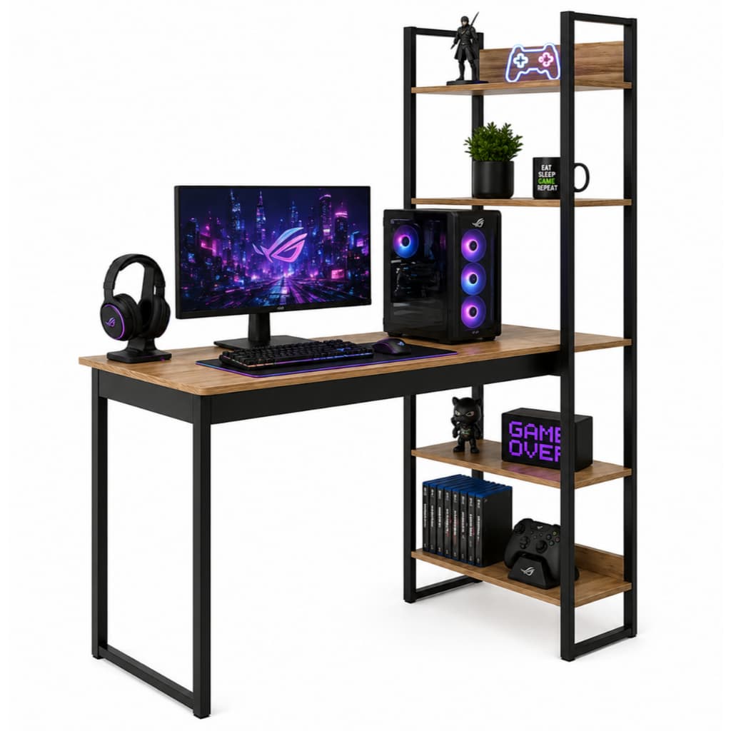 Escrivaninha industrial com estante de livros e iluminação RGB em ambiente de escritório