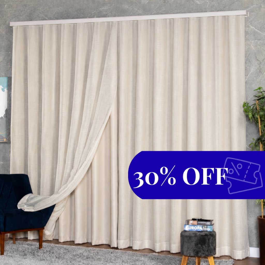 Cortina de voile de linho com forro blackout bege de 6m para trilho simples com desconto de 30%