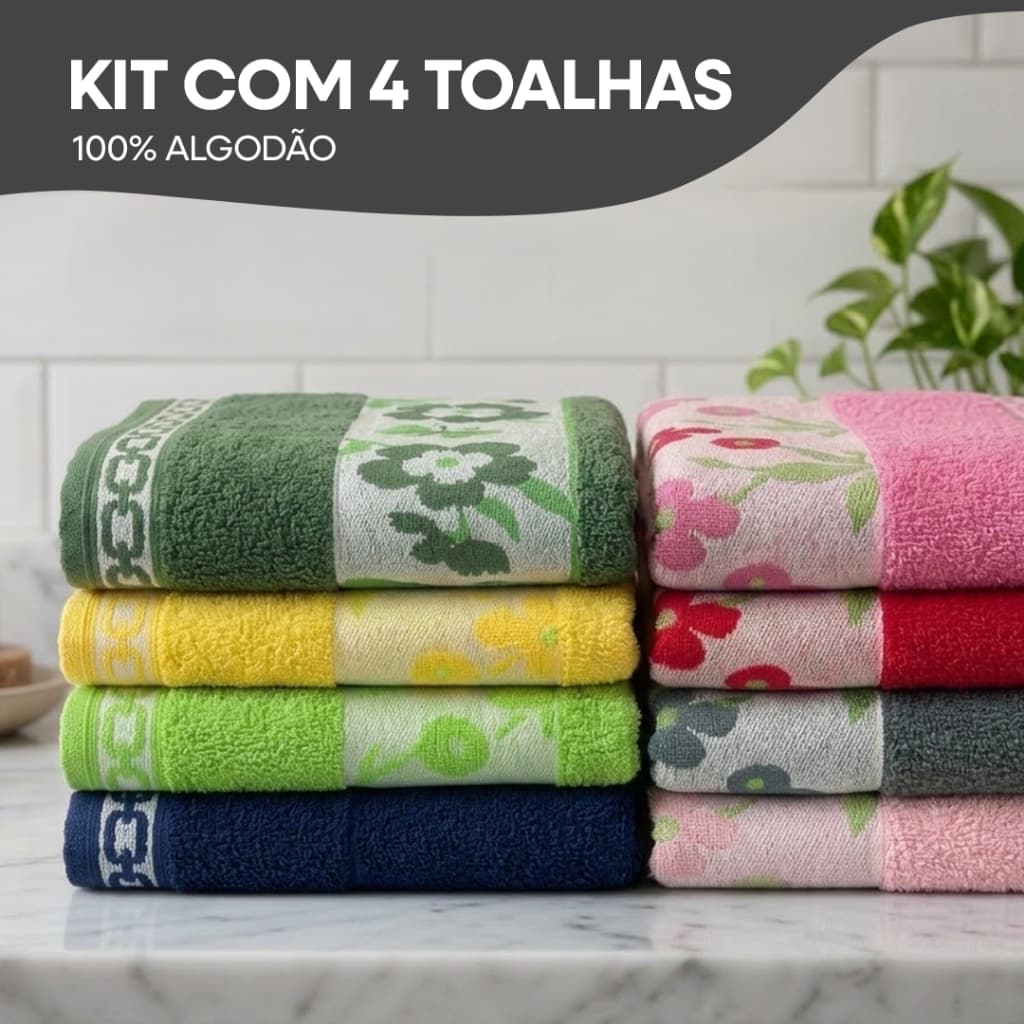 Kit 4 toalhas de banho gigante 75x150 cm 100% algodão com padrões florais e geométricos