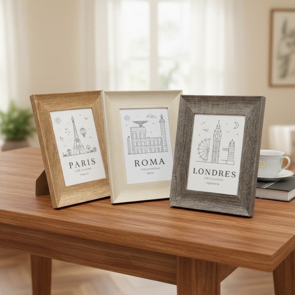 Porta-retratos rústicos com desenhos de Paris, Roma e Londres em uma mesa de madeira