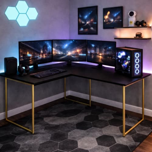 Escrivaninha gamer em L com monitores, teclado e mouse em ambiente RGB