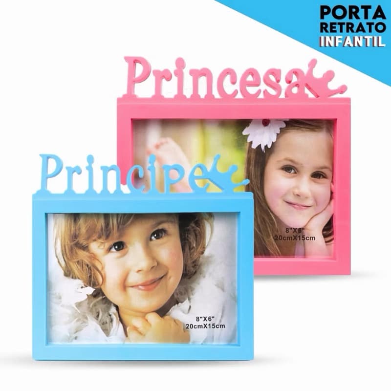 Porta-retrato infantil azul e rosa com fotos de crianças, molduras decorativas