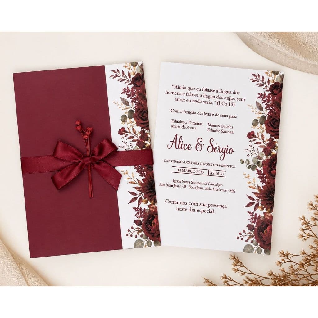 20 CONVITE DE CASAMENTO MARSALA - BRINDE 40 CONVITES INDIVIDUAIS (CASAMENTO, ANIVERSÁRIO, CASAMENTO MARSALA)