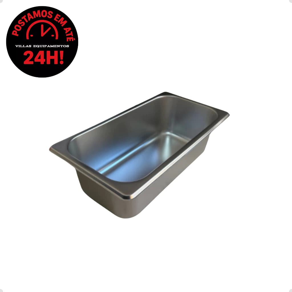 Cuba Gastronômica GN 1/3x100mm Inox para Fritadeiras Buffet, aço inoxidável, fundo branco, refletindo luz.