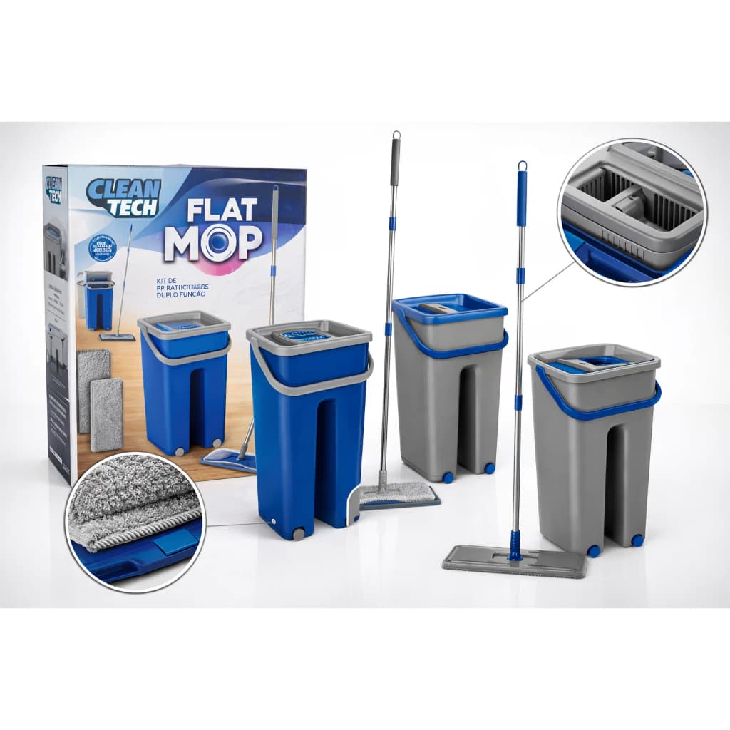 Kit de limpeza Mop Flat com Balde Lava e Seca, azul e cinza, com pano de microfibra e vassoura