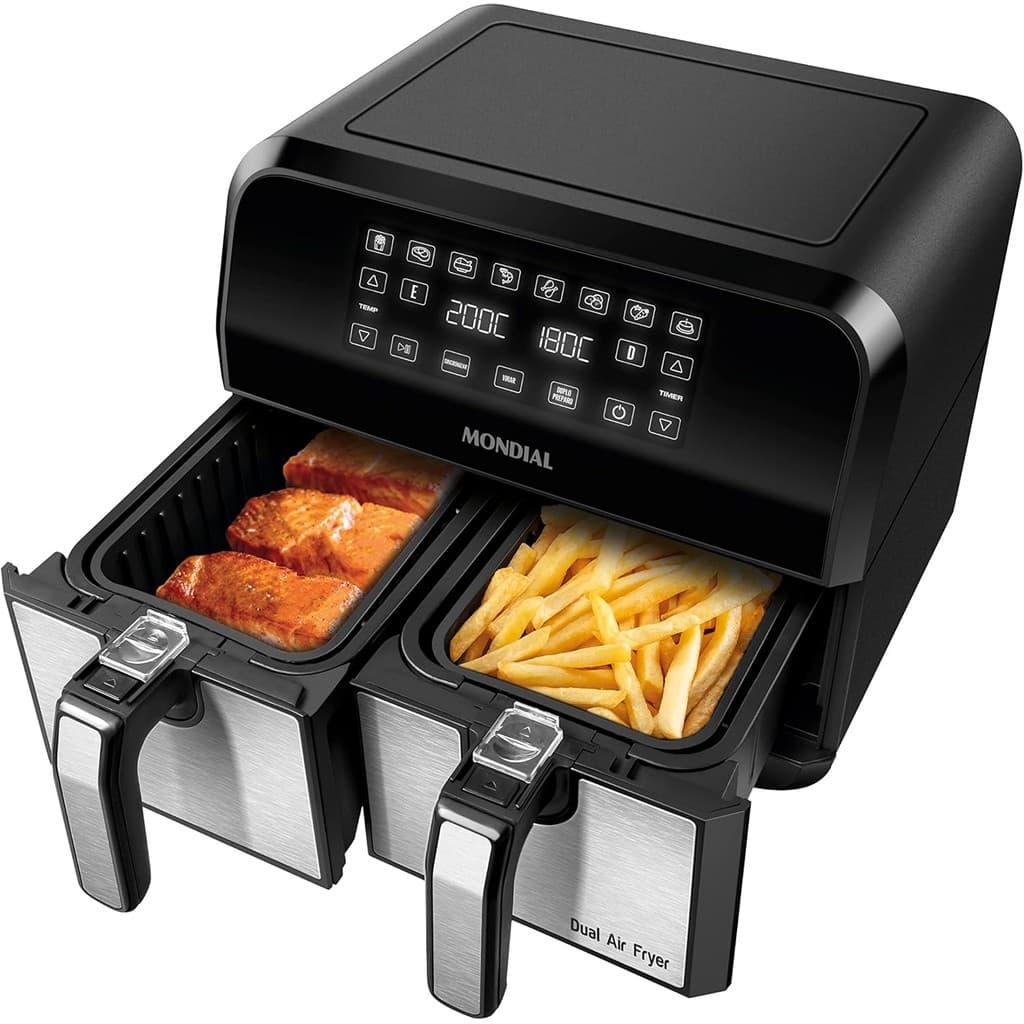 Fritadeira Air Fryer Mondial Dual Cesto 8L Digital com batatas fritas e asas de frango