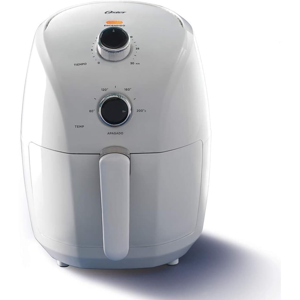 Fritadeira de Ar Oster CKSTAF15-013 Compacta 1.5L em fundo branco, controles rotativos e botão de liga/desliga