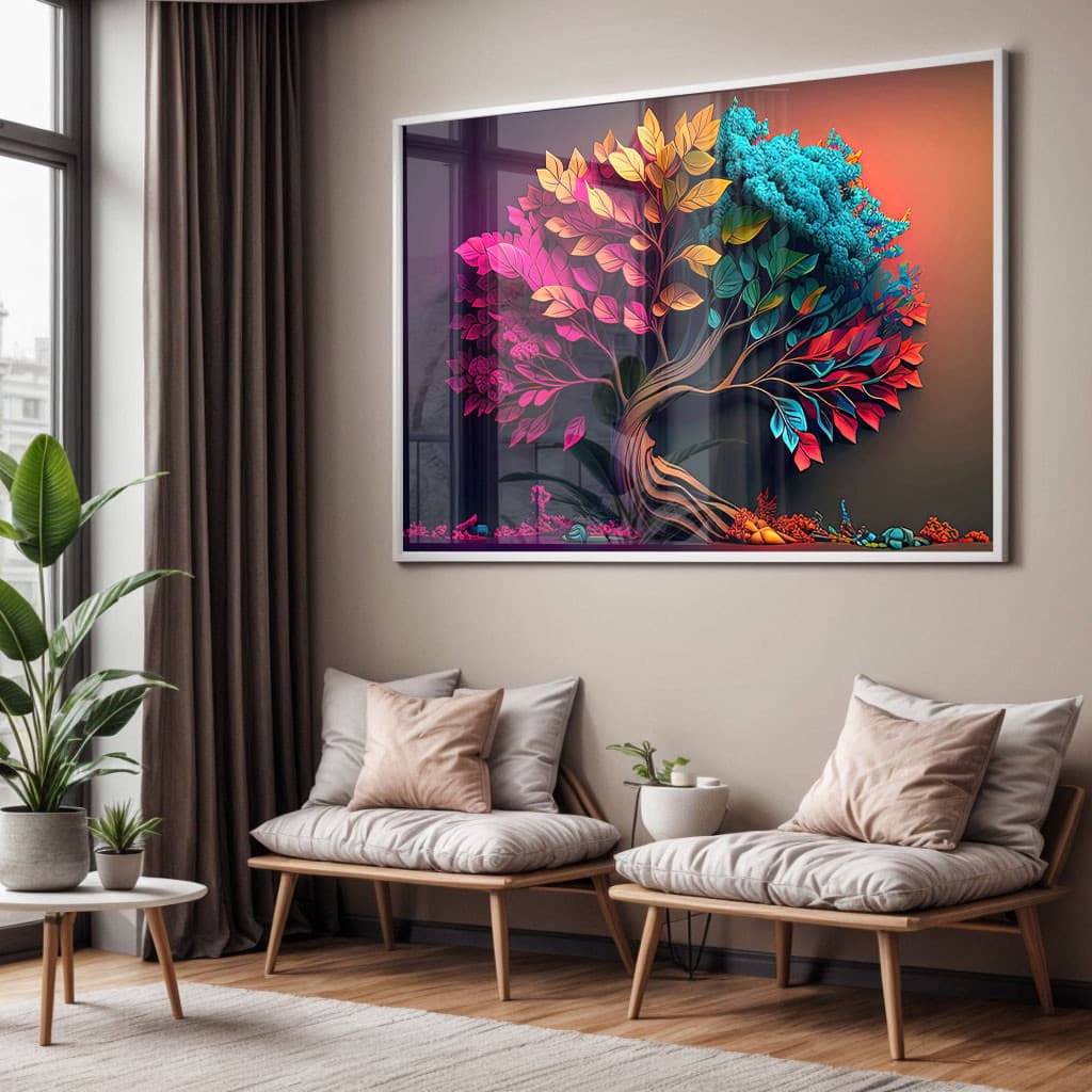 Quadro decorativo abstrato com moldura branca para sala, cores vibrantes, estilo minimalista