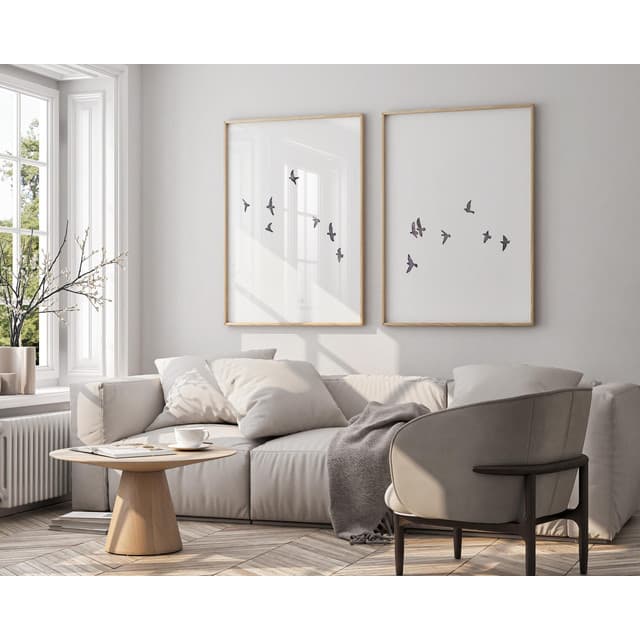 Kit 2 Quadros Decorativos Minimalista Moderno com Molduras Douradas - Paisagem de Pássaros Voando