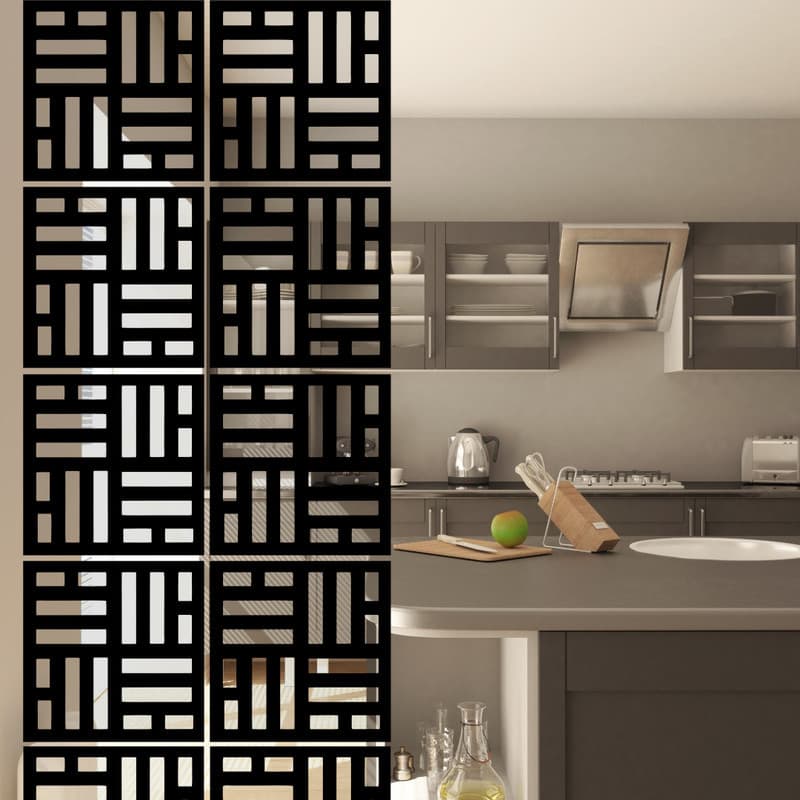 Painel decorativo preto e branco para cozinha, estilo geométrico, fundo de armários cinza