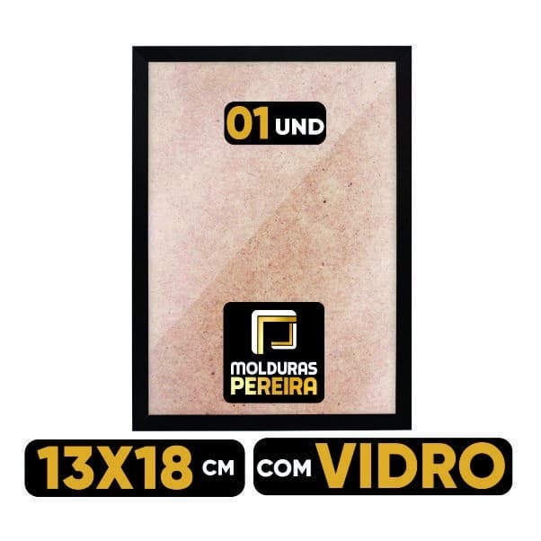 Porta retrato 13x18 cm com vidro, fundo bege, borda preta, texto e logo visíveis