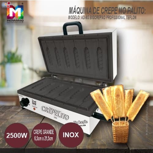 Máquina de crepe grande com superfície antiaderente para fazer crepes no palito, em fundo branco e cinza.