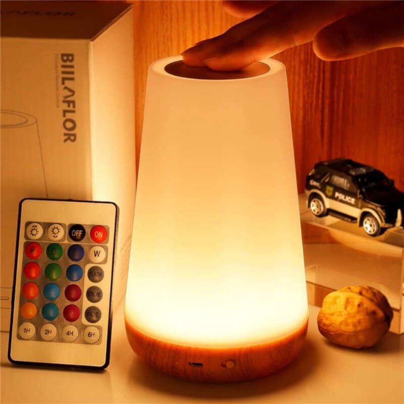  Luz noturna de madeira clássica com controle remoto, luminária de mesa criativa com toque, luz atmosférica colorida