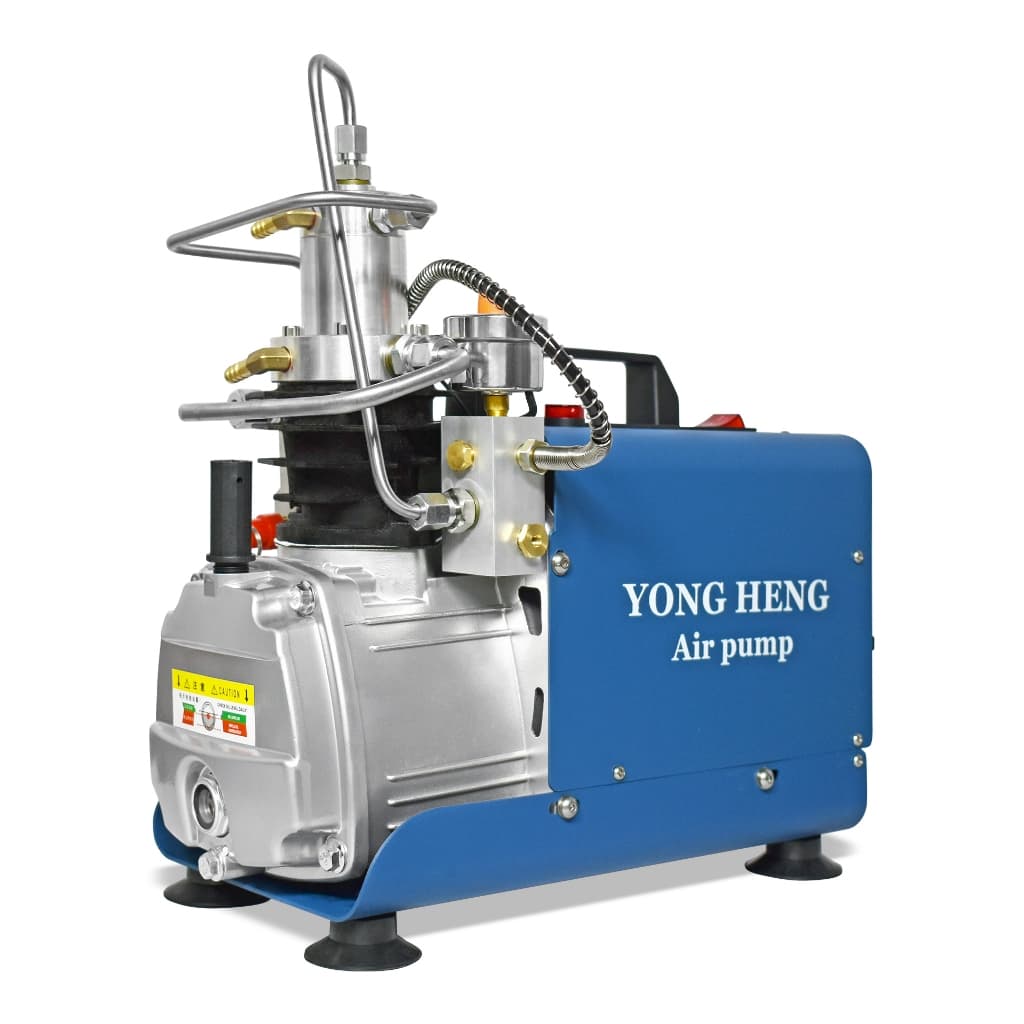 Compressor de ar Yong Heng 300bar, frontal, prata e azul, painel com texto 'YONG HENG Air pump', fundo branco