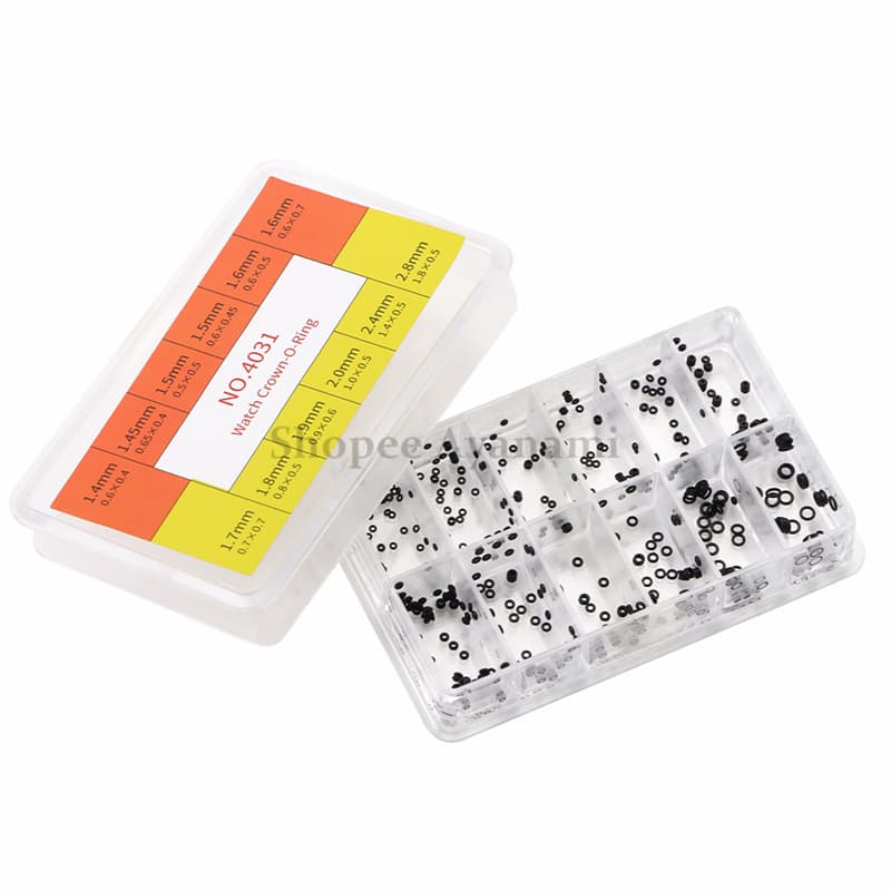 Kit de anéis O-ring de borracha em caixa transparente com etiquetas de tamanhos