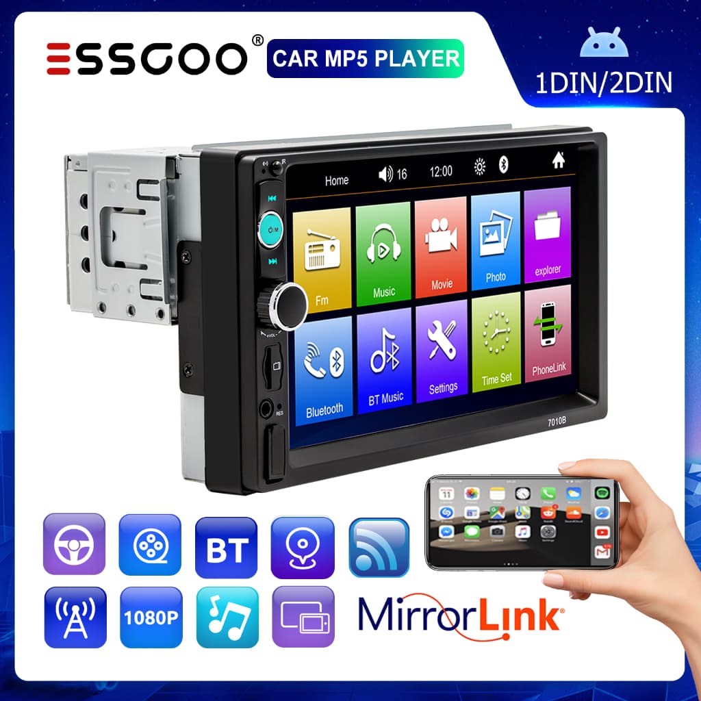 （Envio de São Paulo）ESSGOO 1 din 2 din Rádio De Carro Bluetooth 7 Polegadas Tela Sensível Ao Toque Multimídia MP5 Player