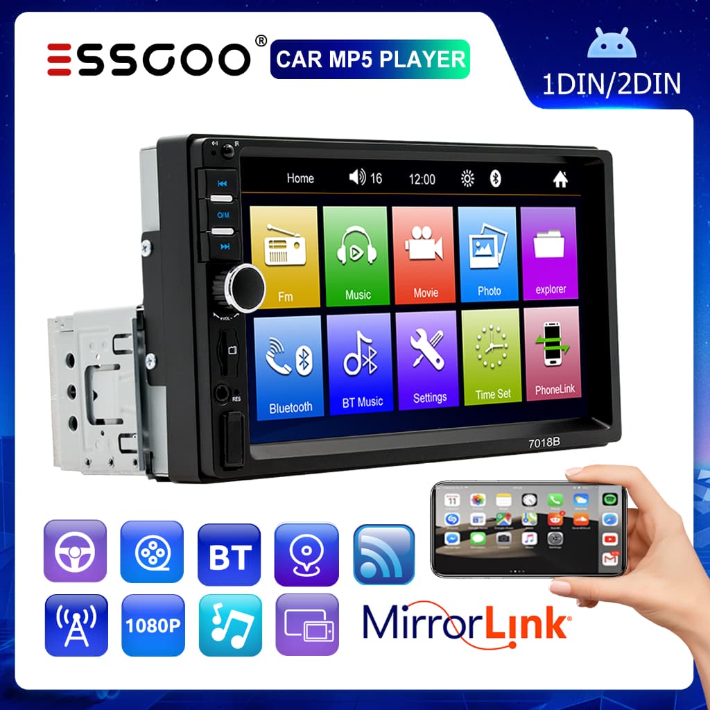 （Do São Paulo）ESSGOO 1 din 2 din Rádio Para Carro Bluetooth 7 Polegadas Touch Screen Multimídia MP5 Player