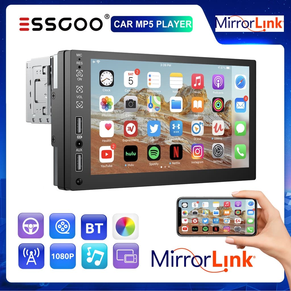 （Envio de São Paulo）ESSGOO 1 din 2 din Rádio De Carro Bluetooth 7 Polegada Tela Sensível Ao Toque Multimídia MP5 Player