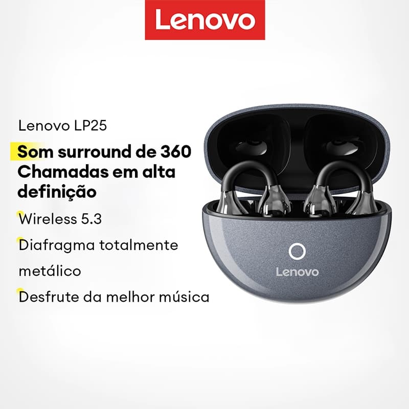 Fone de ouvido Lenovo LP25 Bluetooth cinza com som surround 360 em capa de carregamento