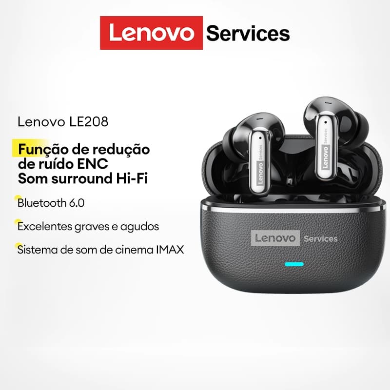Fones de ouvido Lenovo LE208 Bluetooth 6.0 com estojo de carregamento preto e cinza, redução de ruído ENC, som surround Hi-Fi, graves e agudos excelentes, sistema de som de cinema IMAX