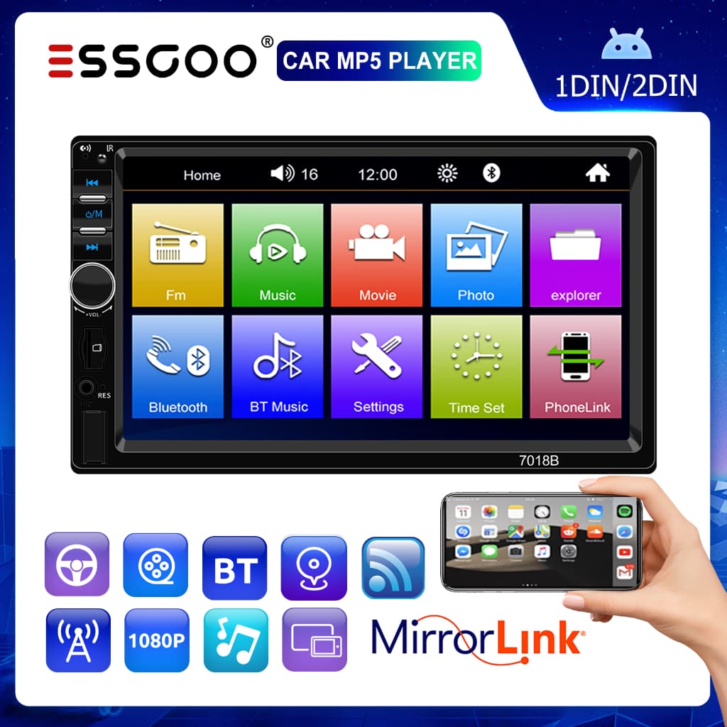 Rádio estéreo de carro ESSGOO com tela touchscreen de 7 polegadas e interface de usuário com ícones de aplicativos