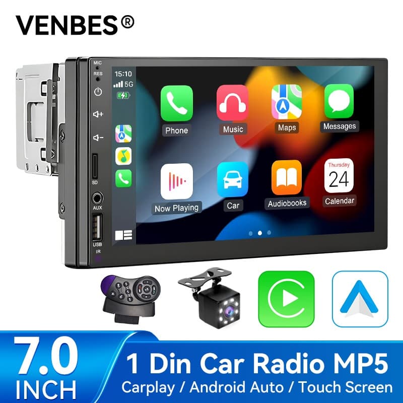 VENBES Central Multimídia Carplay Android Auto 1 Din Rádio Tela 7" MP5 Espelhamento BT USB/AUX/TF