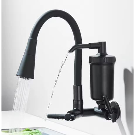 Torneira de cozinha preta com filtro tipo parede e purificador de água retrátil