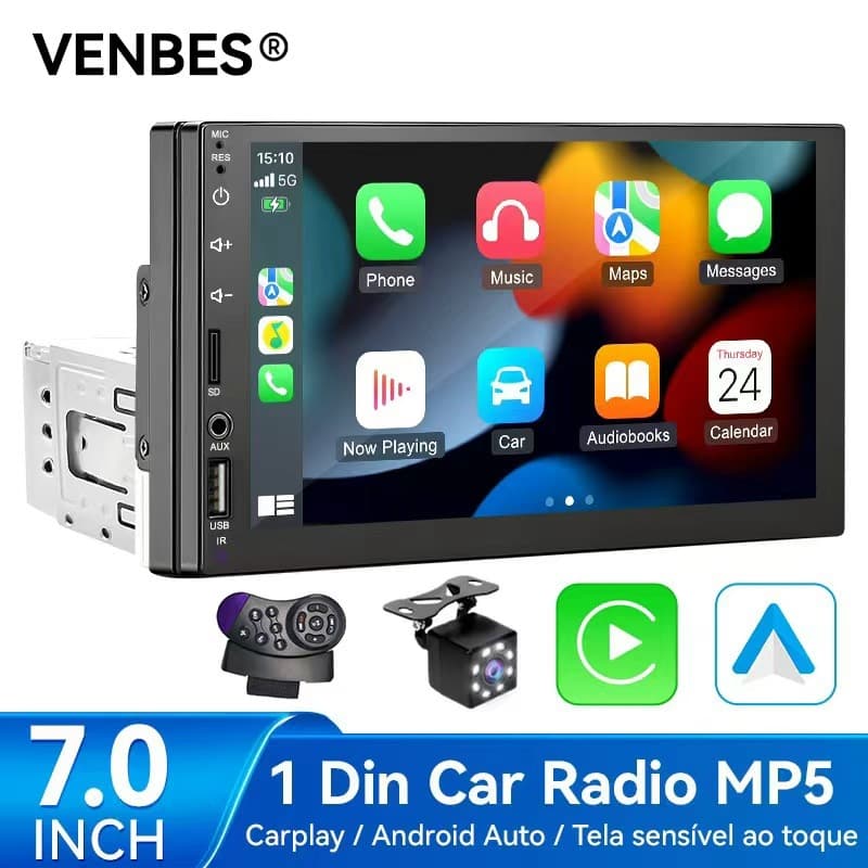 VENBES Carplay Android Auto  1 Din Central Multimídia  MP5 Rádio Tela 7" Espelhamento BT USB/AUX/TF