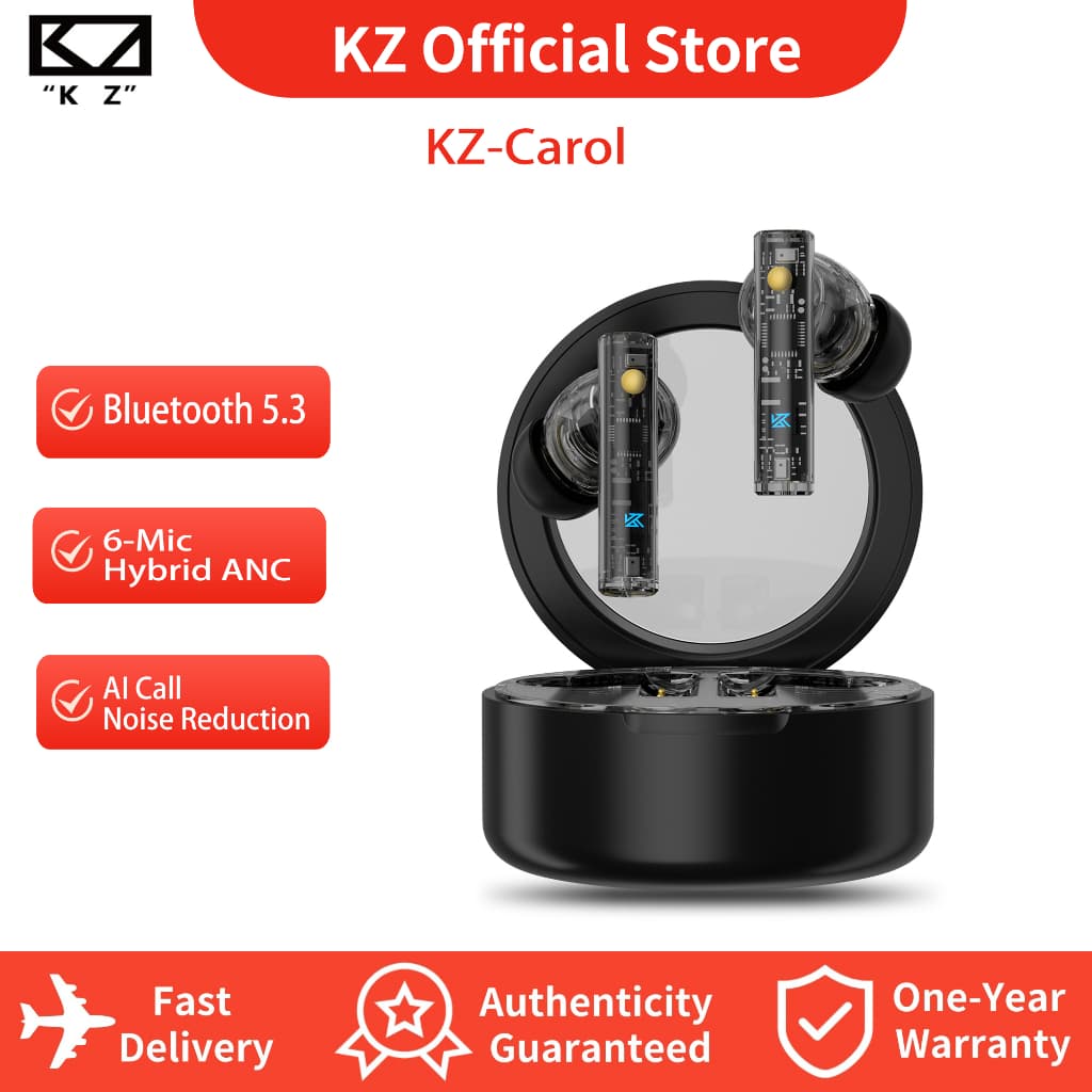 Fones de ouvido KZ Carol sem fio com cancelamento de ruído ativo, Bluetooth 5.3, 6-mic Hybrid ANC e AI Call Noise Reduction.