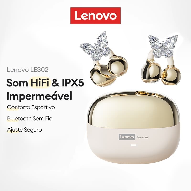 Fones de ouvido Lenovo LE302 Bluetooth à prova d'água com som HiFi, confortáveis para exercícios, em ouro e prata.