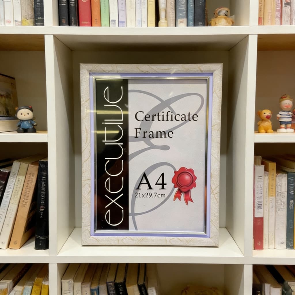 Porta retrato branco A4 com certificado e selo vermelho, em estante com livros