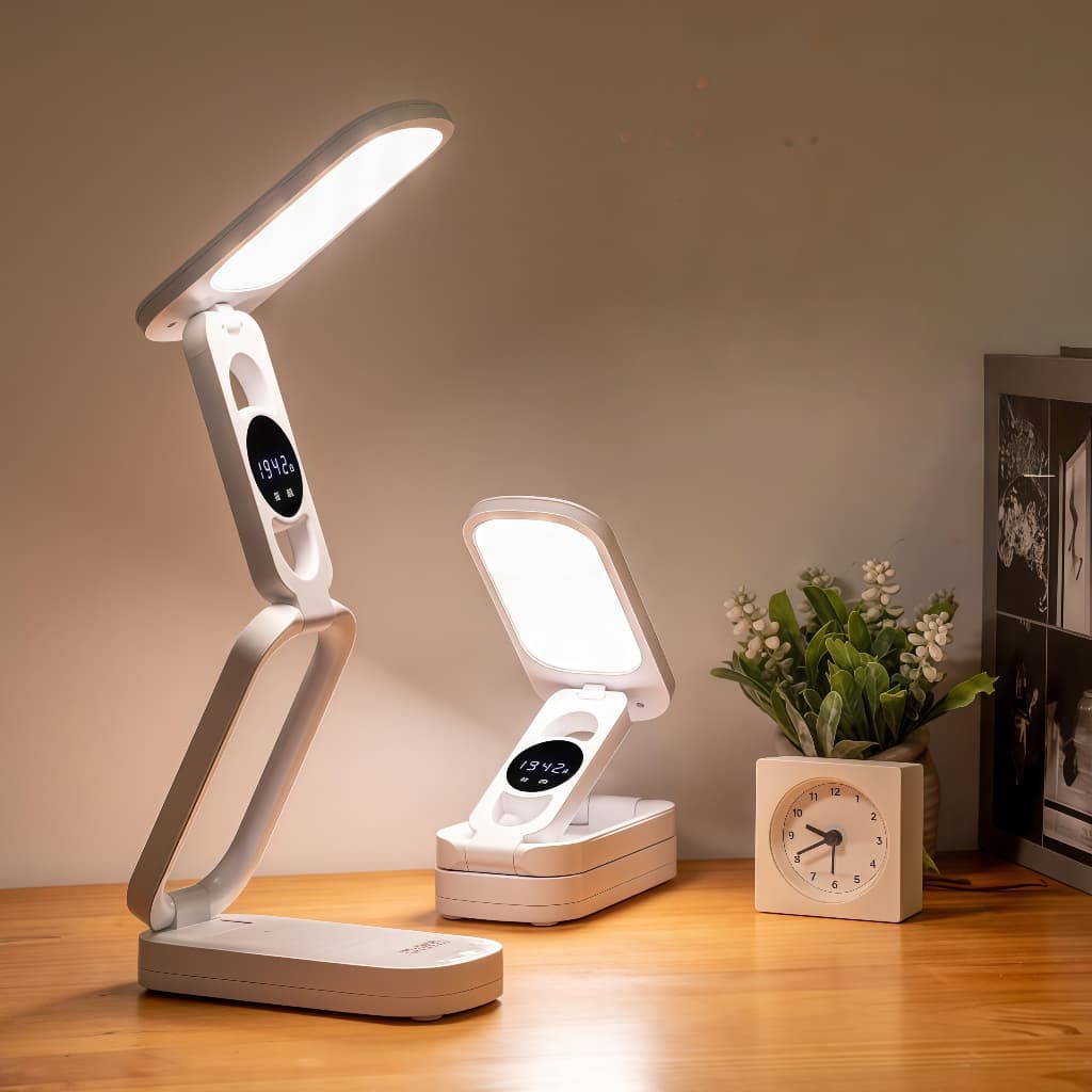 Luminária portátil dobrável branca com visor digital para tempo e temperatura, sobre mesa de madeira