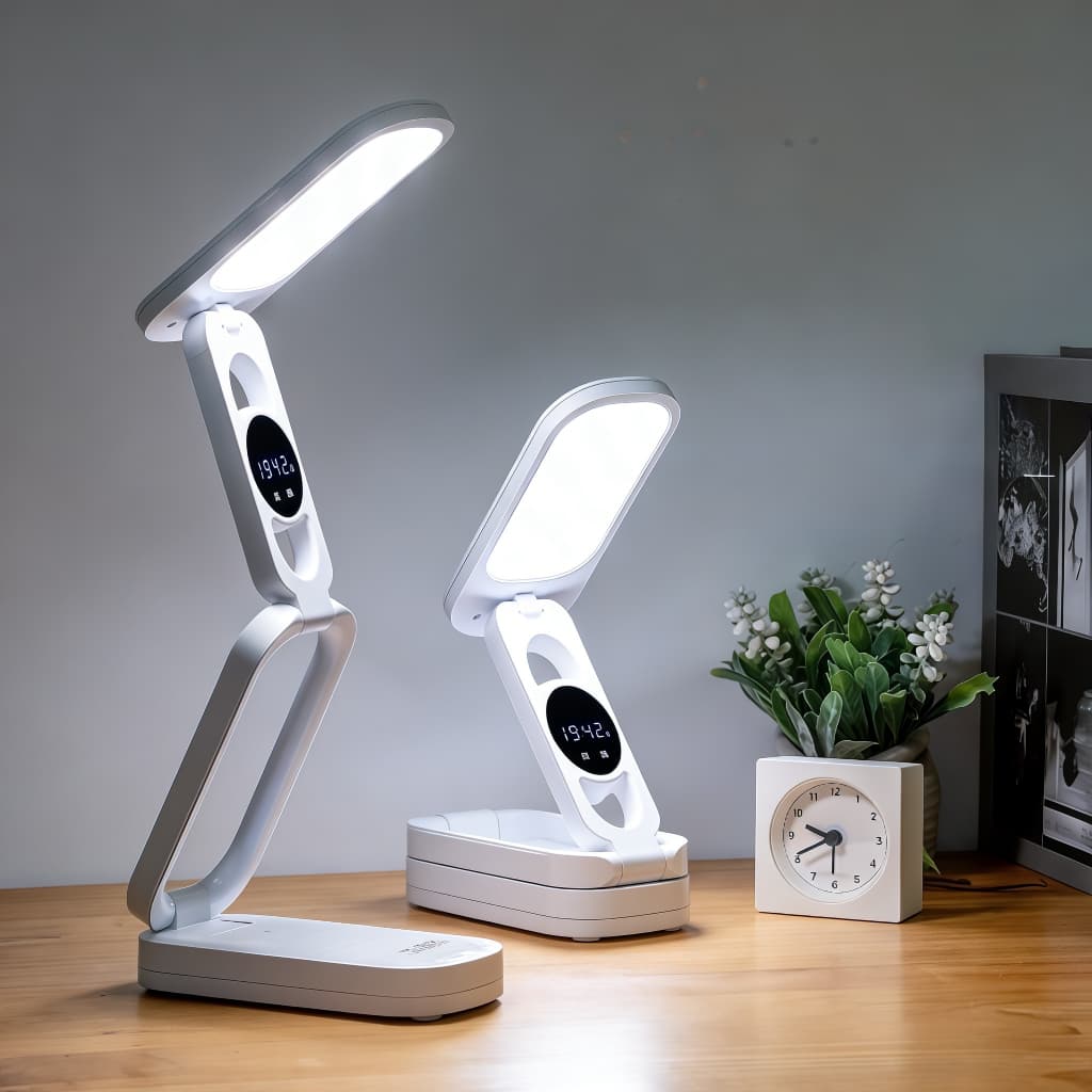 Lâmpada luminária portátil branca com LED dobrável e ajustável sobre mesa de madeira