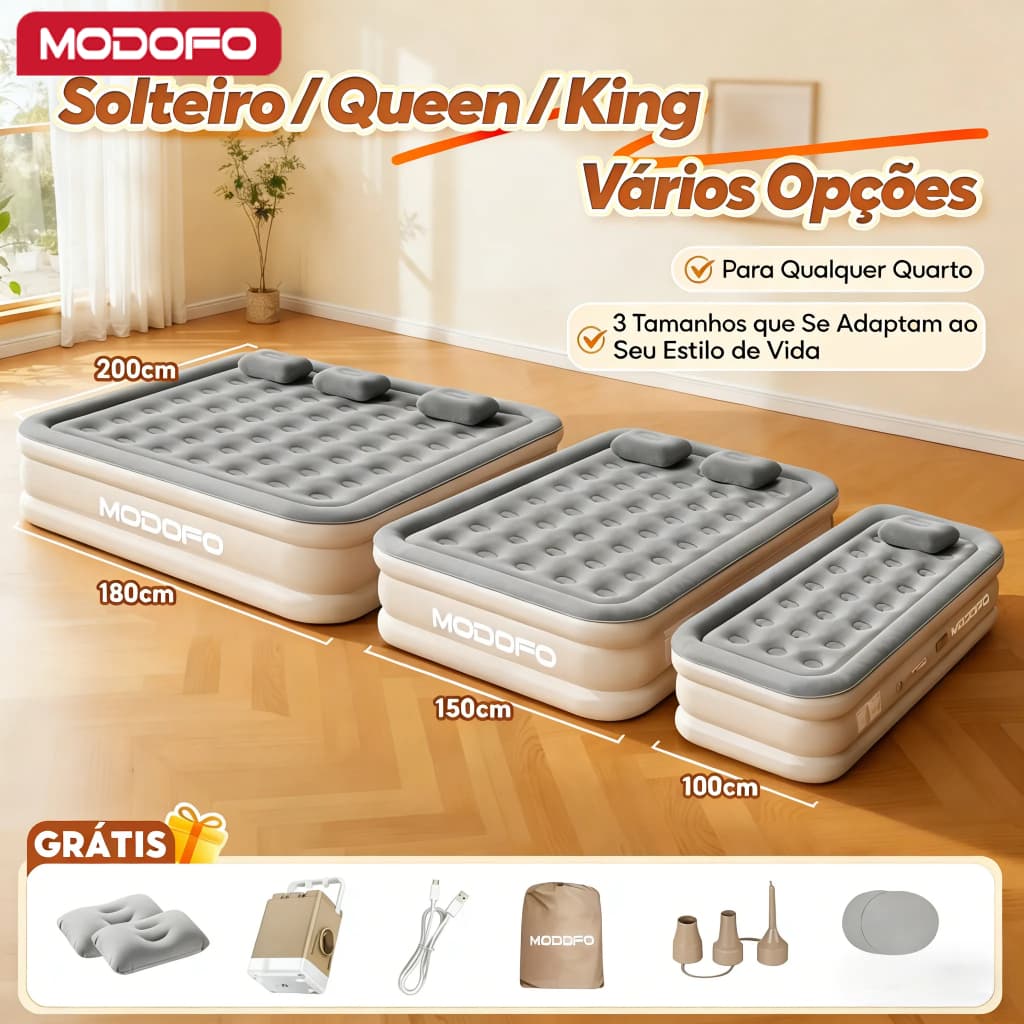 Três colchões infláveis MODOFO de tamanhos diferentes, cinza e branco, com logo visível.