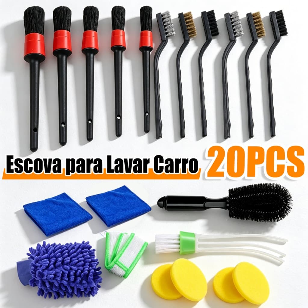 Kit de lavagem de carro com escovas, luvas e acessórios para limpeza automotiva, fundo branco