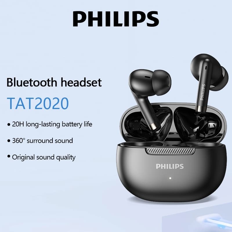 Fone de ouvido sem fio PHILIPS TAT2020 com estojo de carregamento, características de 20H de bateria e som surround 360°.
