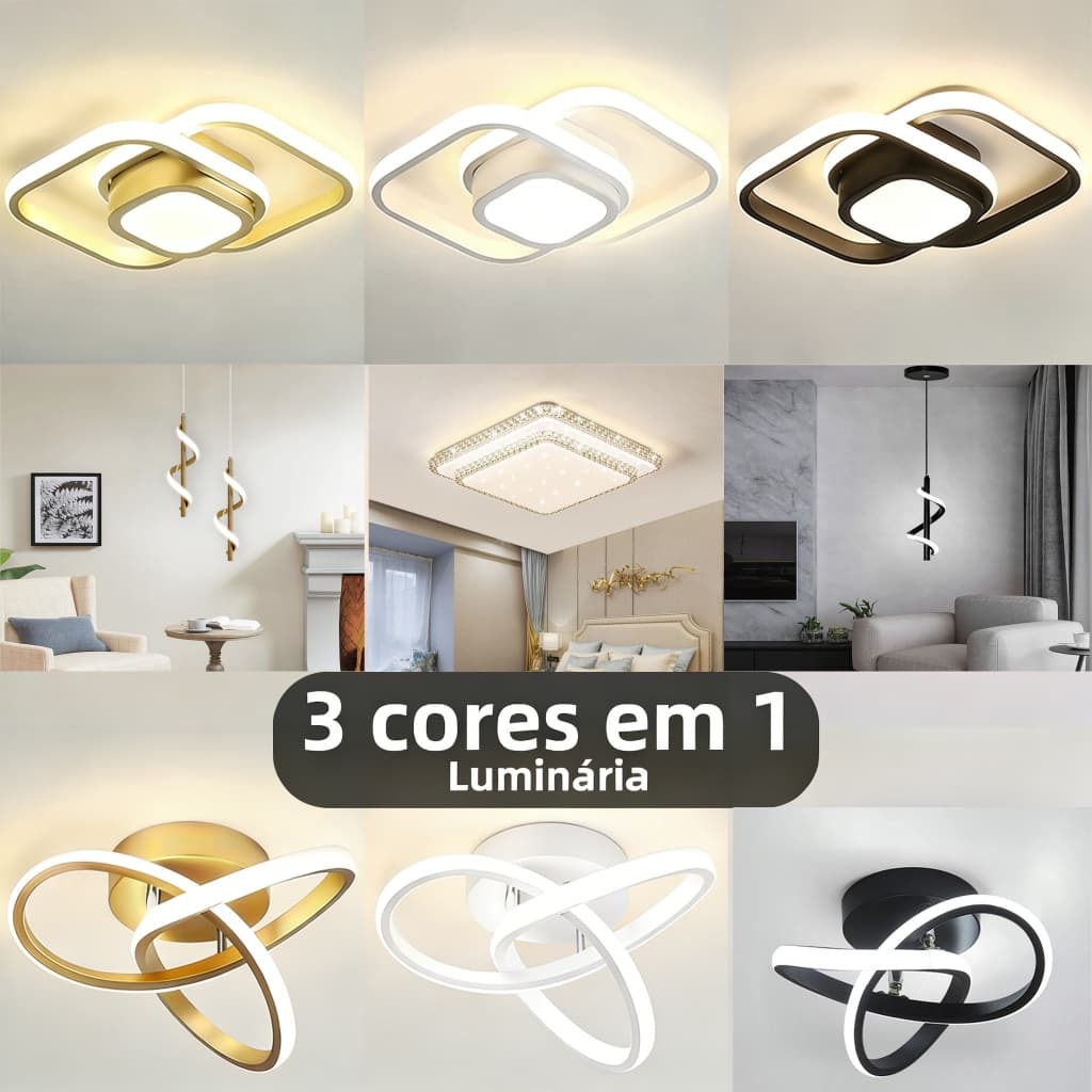 Luminárias LED de teto modernas com 3 cores em diferentes ângulos