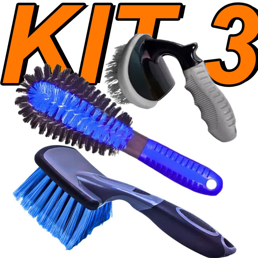 Kit de 3 escovas de limpeza automotiva com cerdas azuis e pretas
