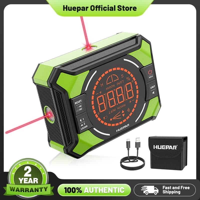 Medidor de Ângulo Digital 3 em 1 com Nível de Laser Huepar AG2L, Verde e Preto