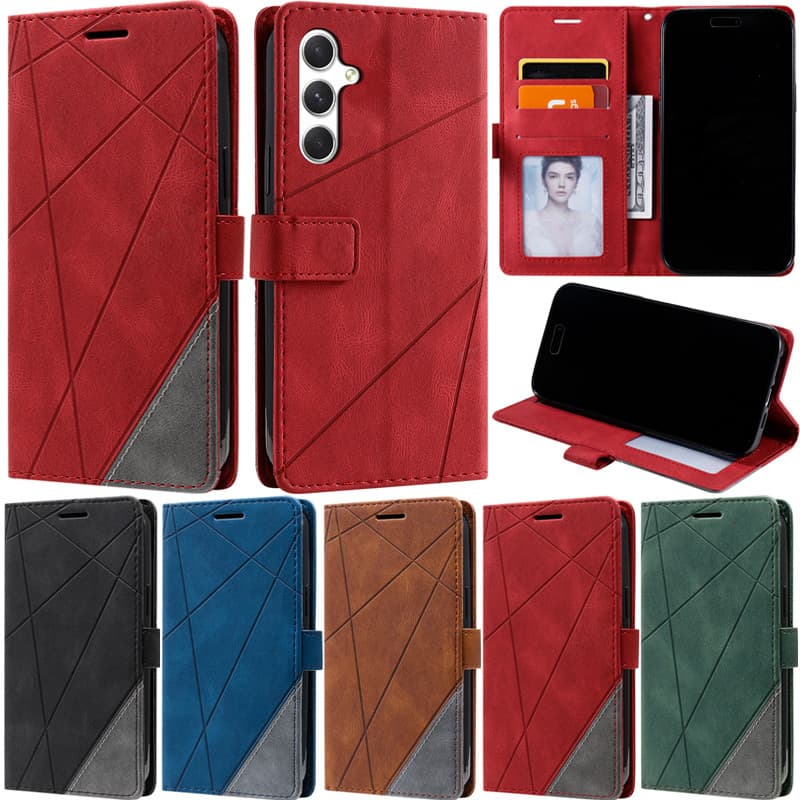 Caixa de luxo em couro sintético para Samsung Galaxy com slots para cartões e compartimento para dinheiro, disponível em várias cores.