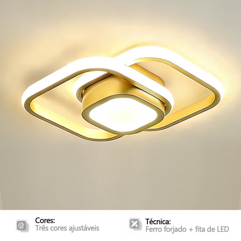 Luminária de teto quadrada dourada moderna com design geométrico, três cores ajustáveis, fita de LED, iluminação suave.